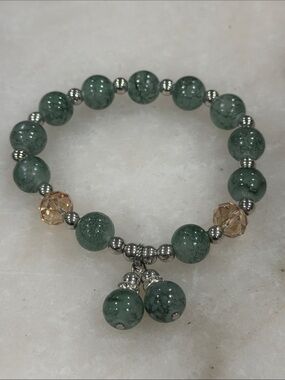 Green Beaded Charm Stretch Bracelet Handmade Boho Gift